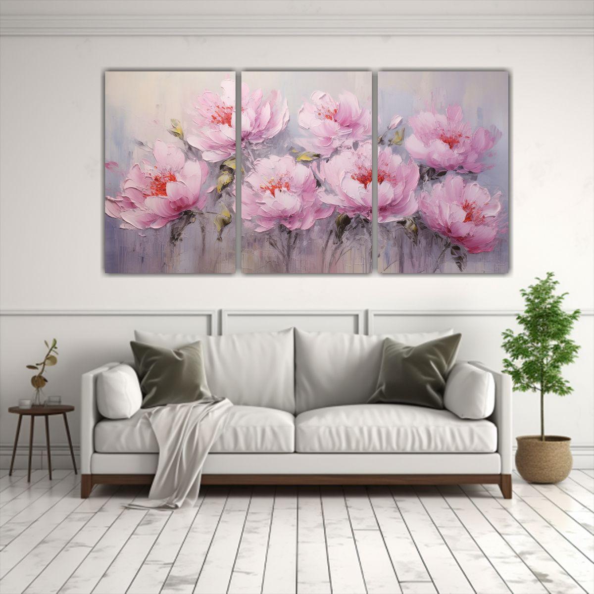 Pintura En Lienzo Estilo Tríptico De PEONÍAS 90x45 Cm-2