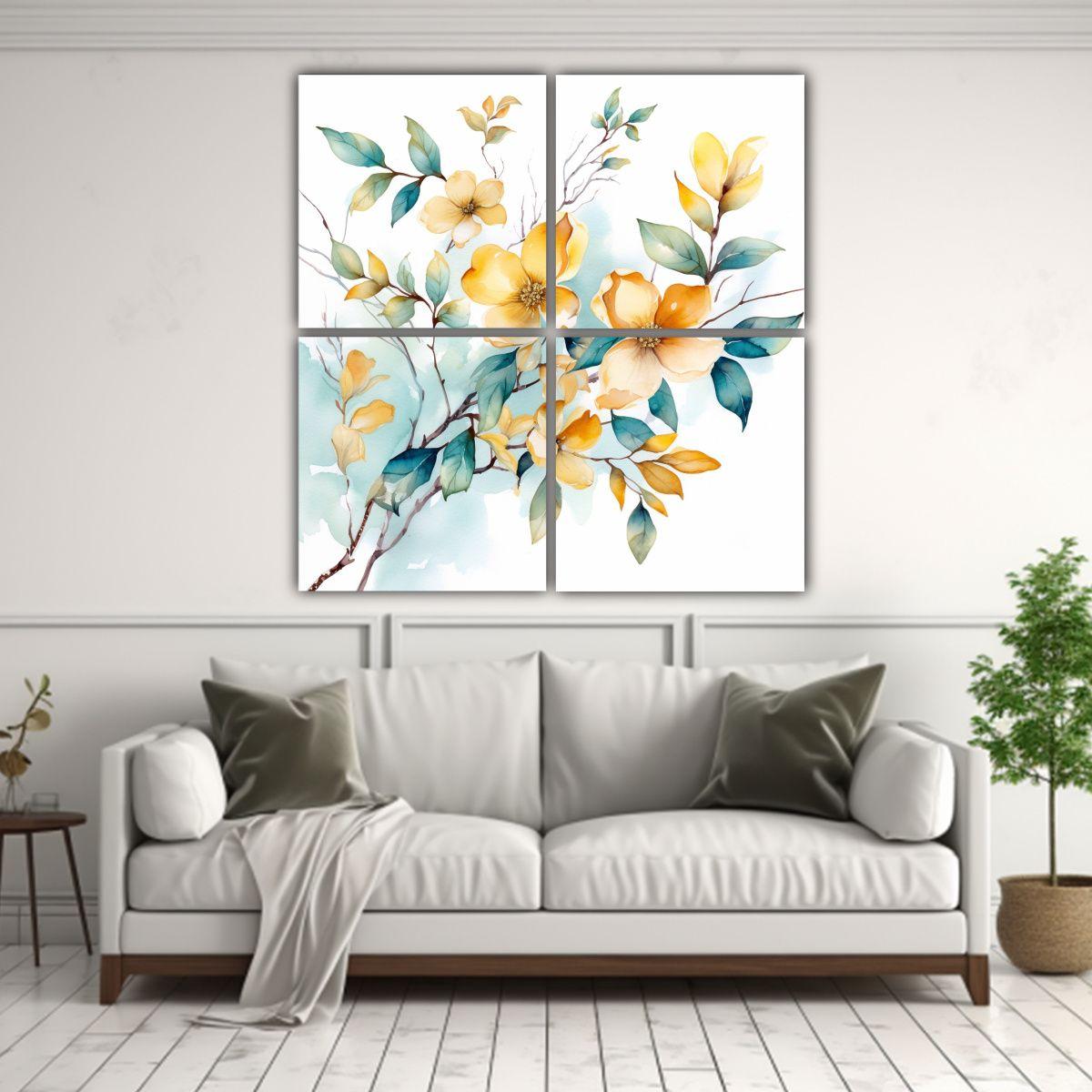 Cuatro Lienzos Ramas Clásicas Acuarela Flores De 40x40 Cm-2