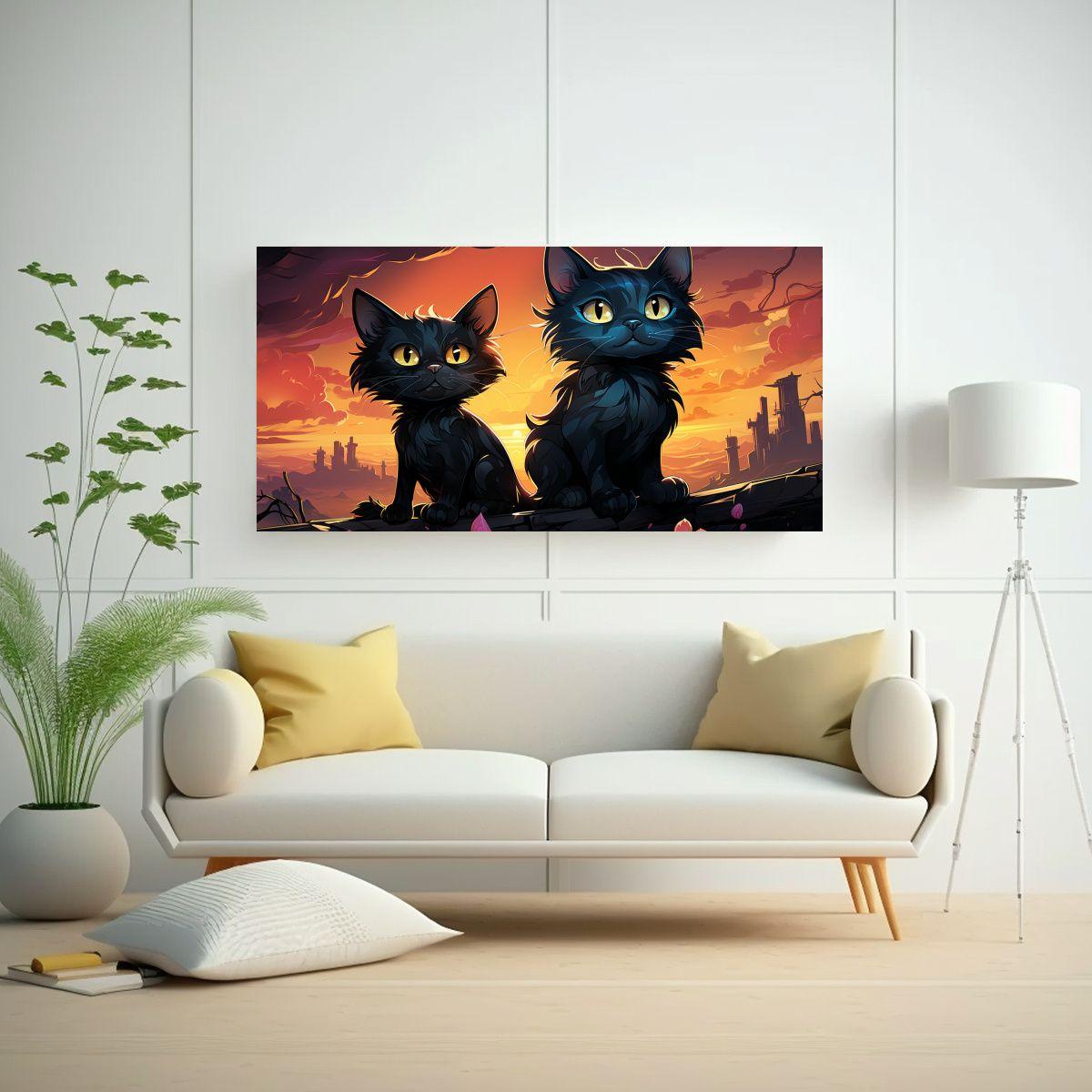 Pintura Decorativa De Gatos Negros En Equilibrio 100x50cm-2