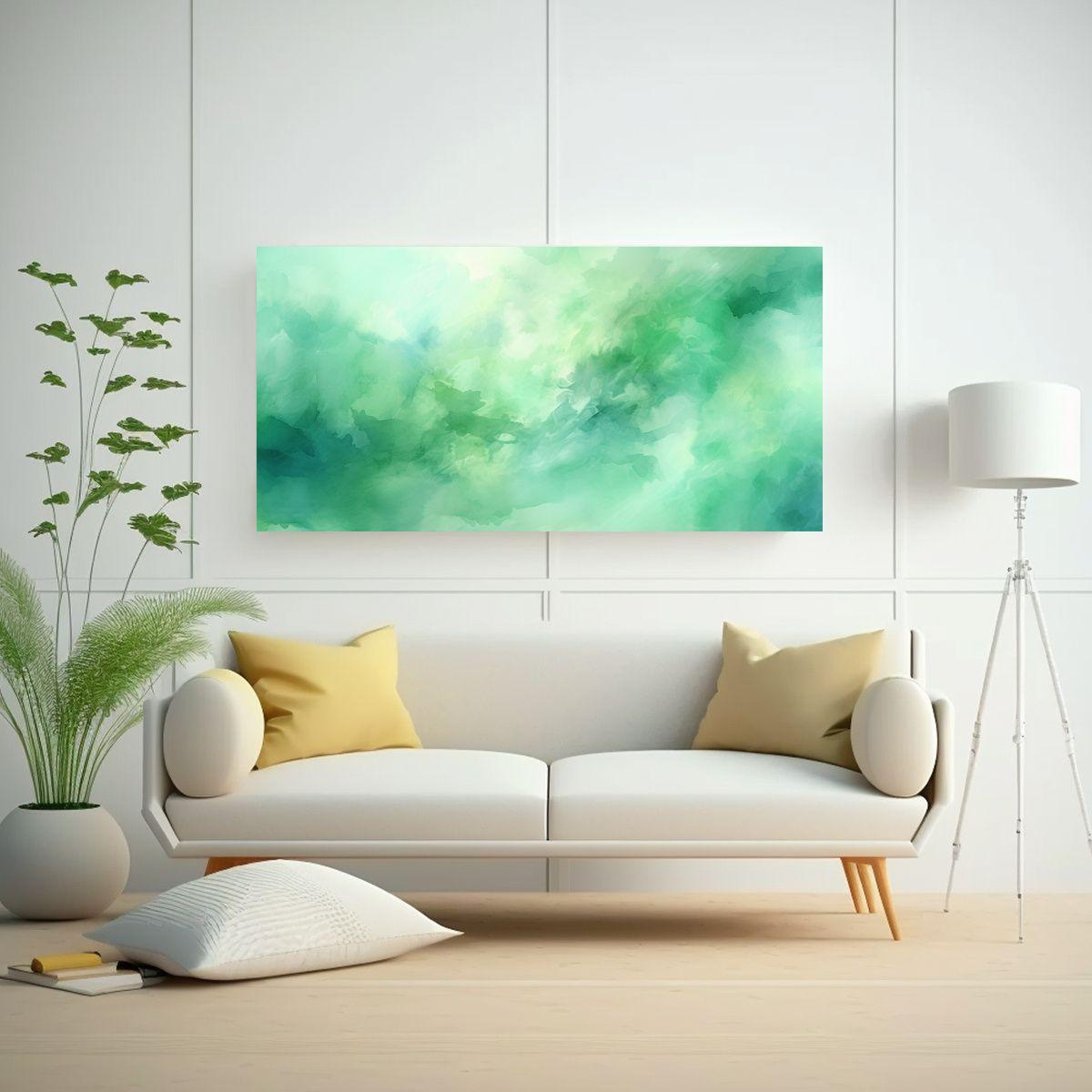 Pintura Abstracta Elegante En Acuarela Verde Suave 140x70cm-2