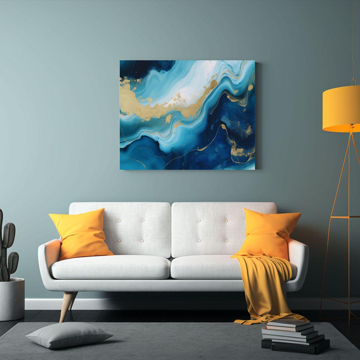 Pintura Abstracta En Tela Bastidor Arte Gráfico Dorado Azul 65x50cm-2