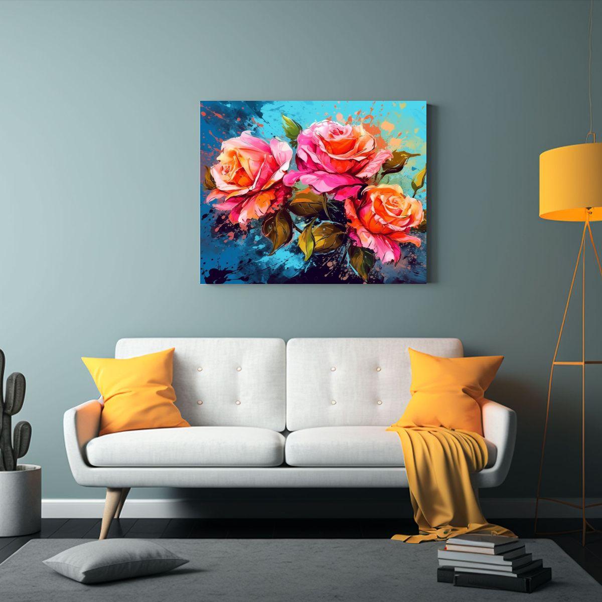 Tela En Bastidor Moderno Flores Coloridas De Rosa En Flor Co 45x30cm-2