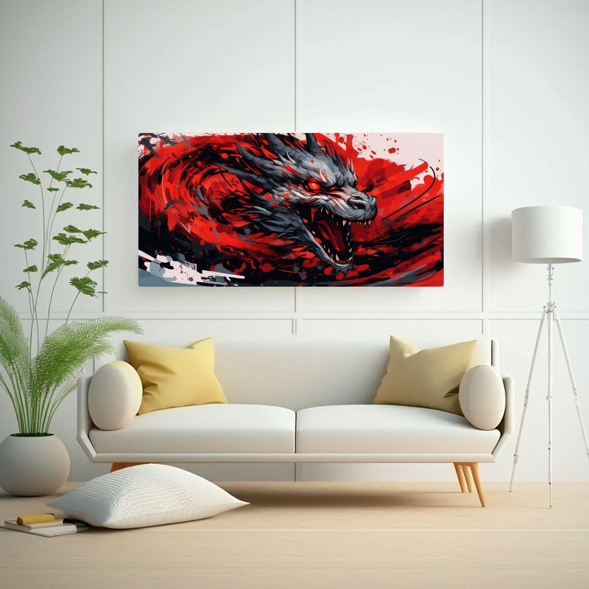 Pintura De Dragón En Rojo Y Negro, Estilo Galerí 100x50cm-2