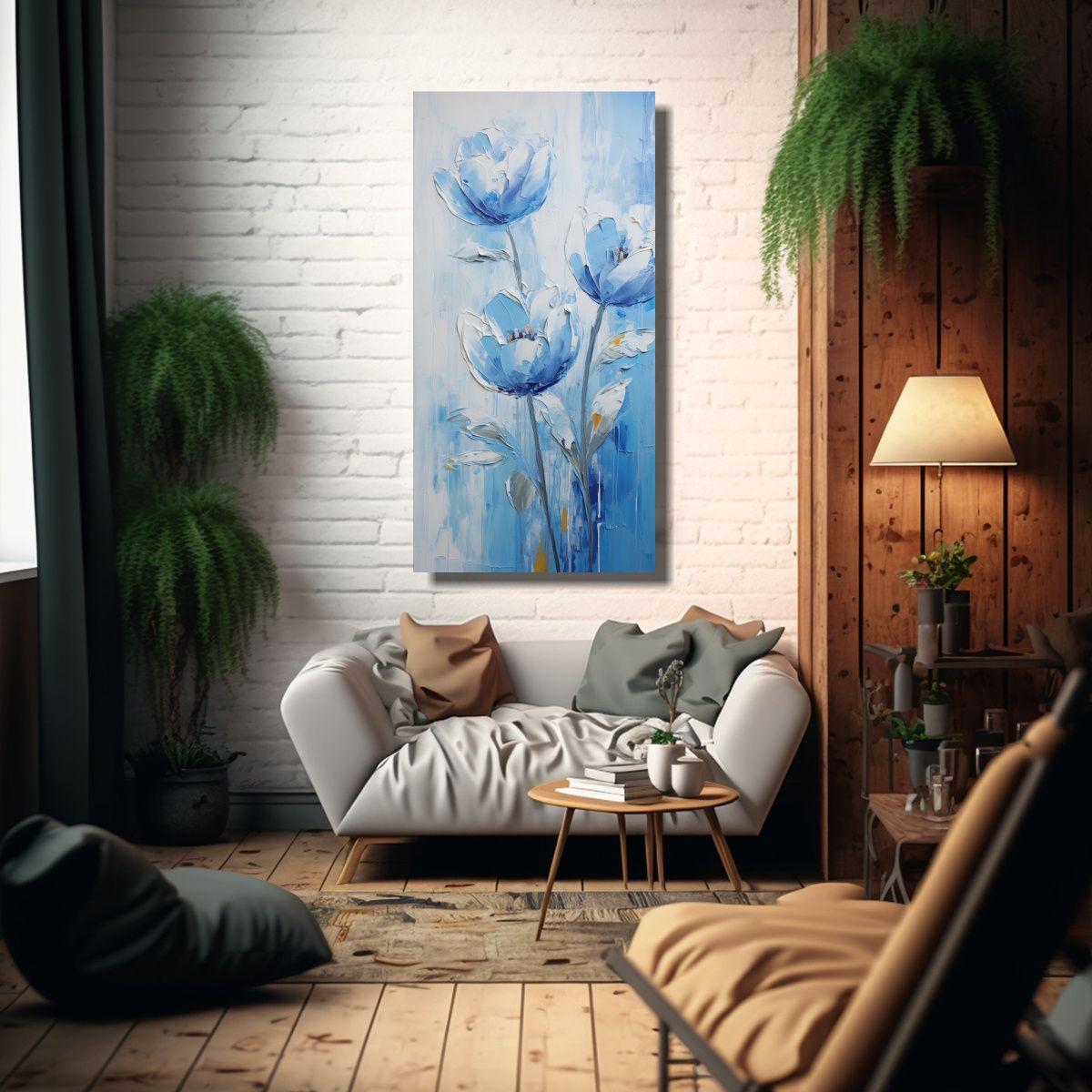 Cuadro Tonos Simple De Tulipanes Azules En Lienzo, 20x40cm-2
