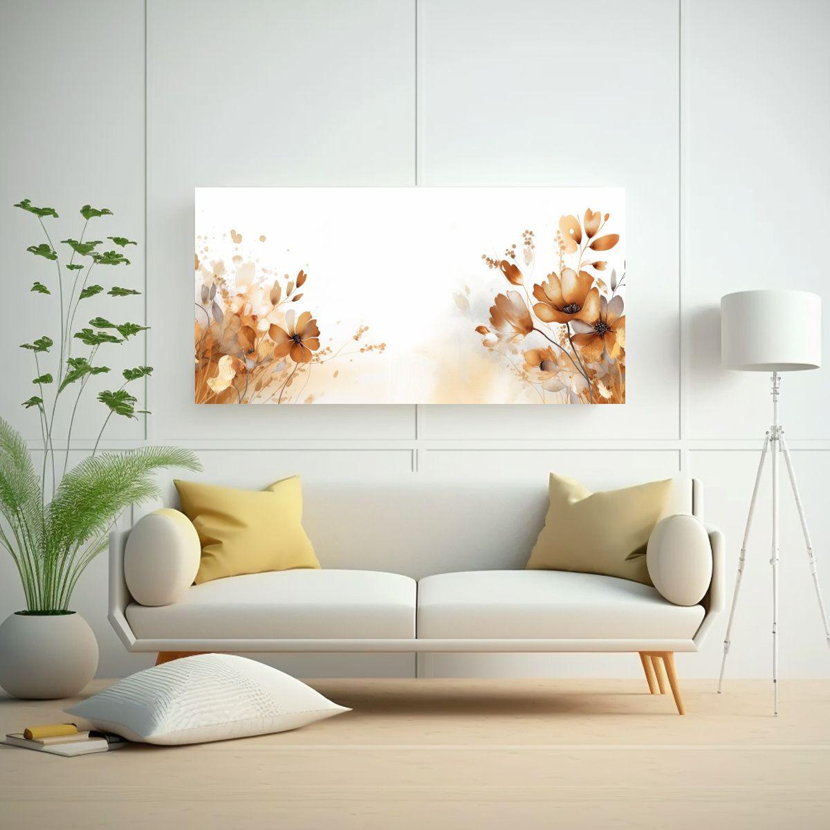 Cuadro Pared Abstracto Floral Acuarela Dorado 140x70cm-2