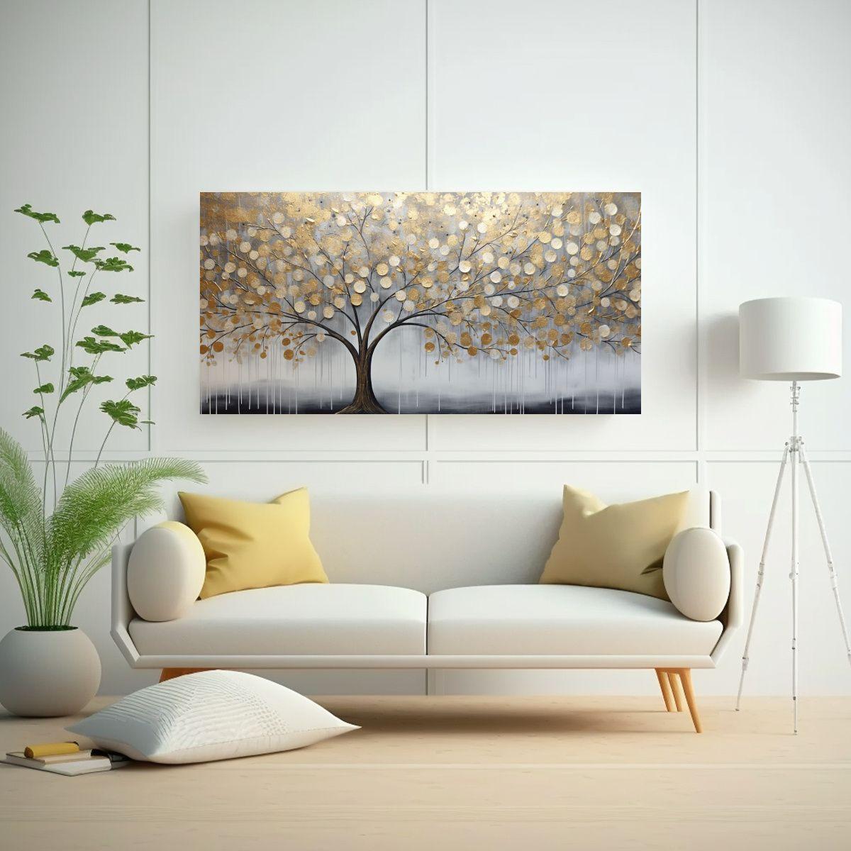 Cuadro De árbol En Dorado Y Plateado En Bastidor 160x80cm-2