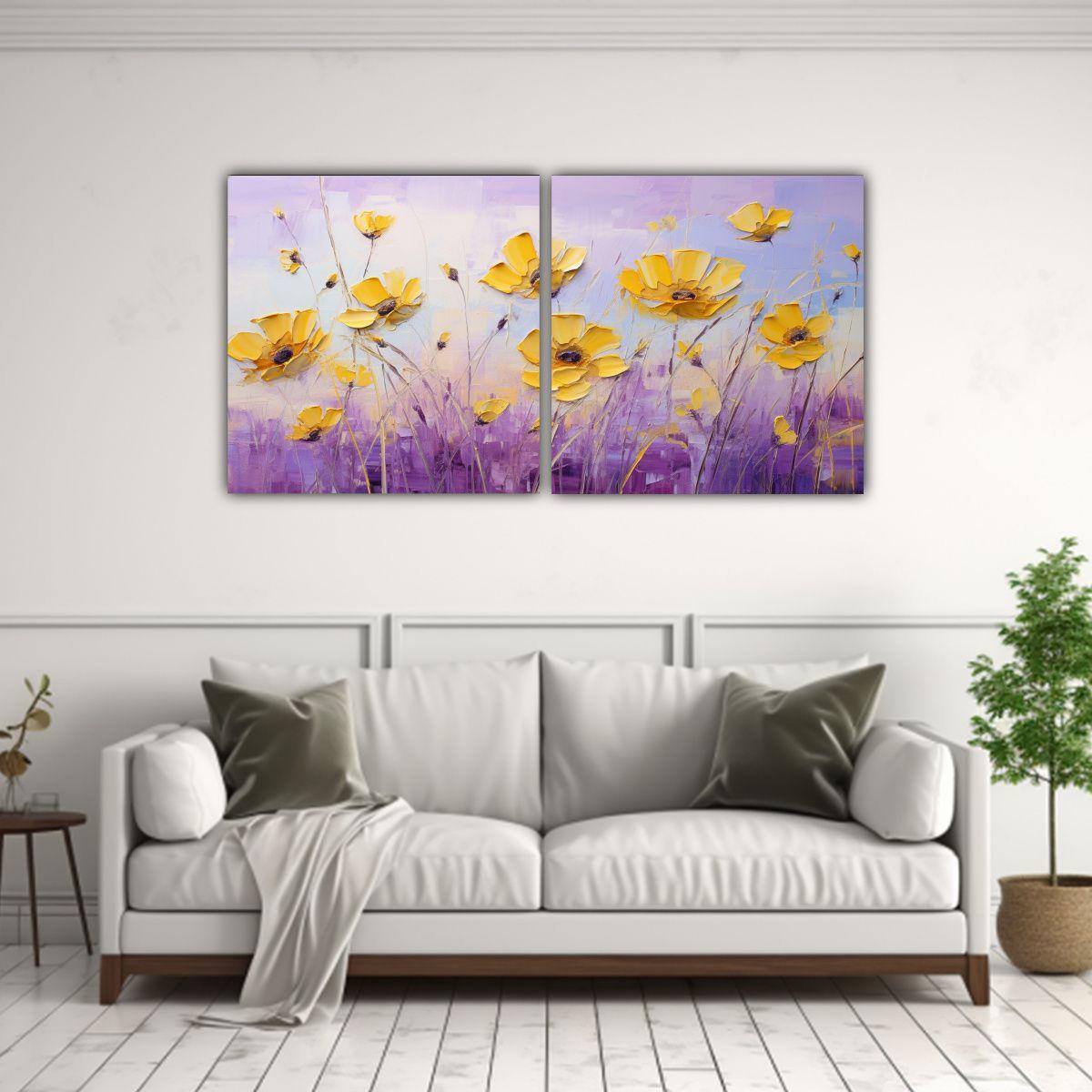 Pintura En Lienzo De Flores Amarillas Y Moradas 40x20 Cm-2