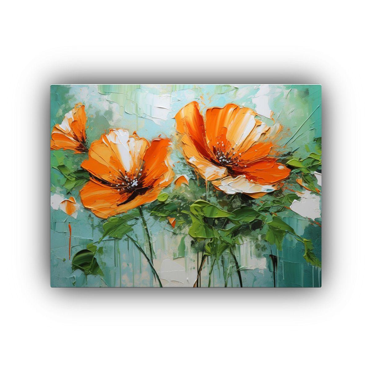 Pintura En Lienzo De Flores En Tonos Verde Y Naranja Para De 90x60cm-0