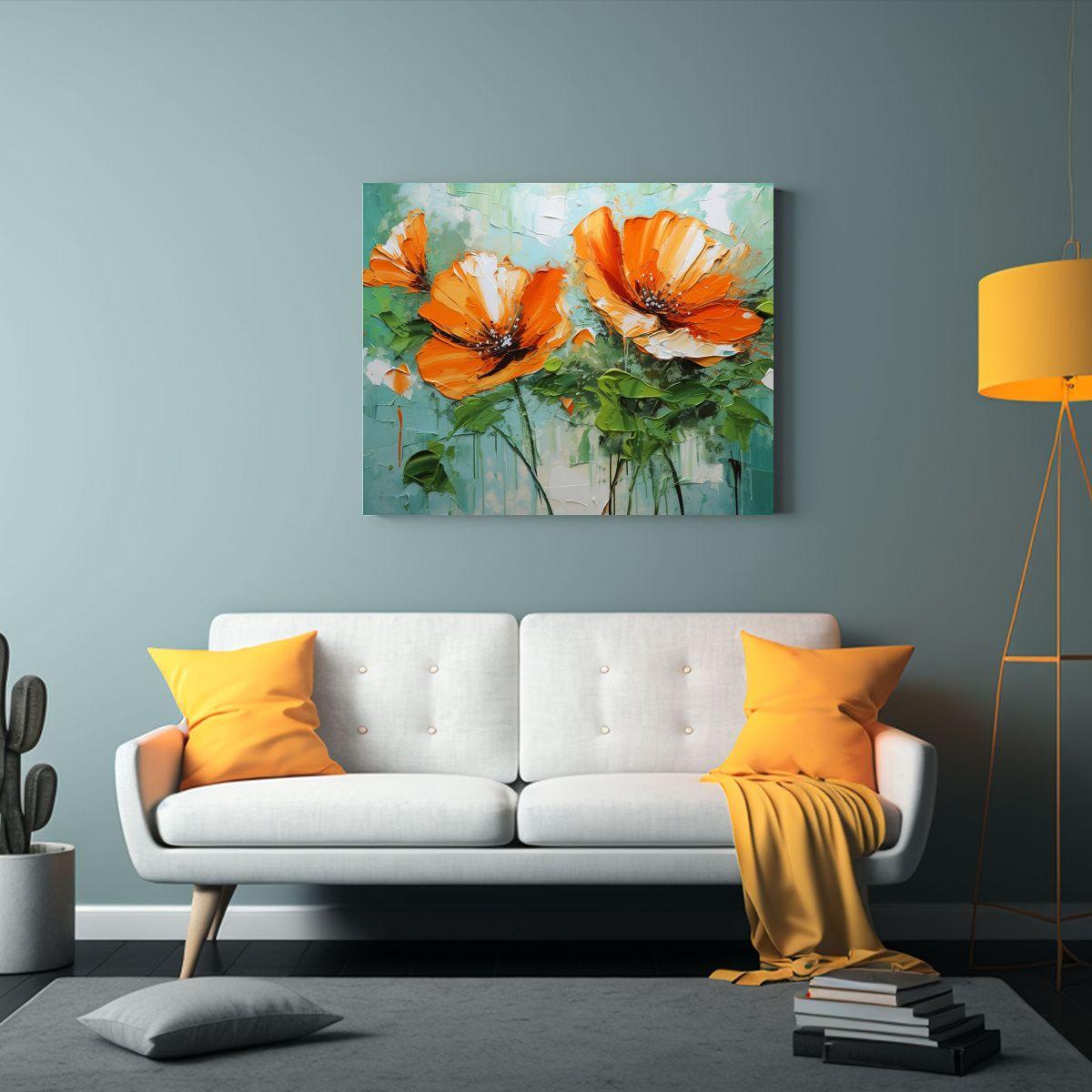 Pintura En Lienzo De Flores En Tonos Verde Y Naranja Para De 90x60cm-2