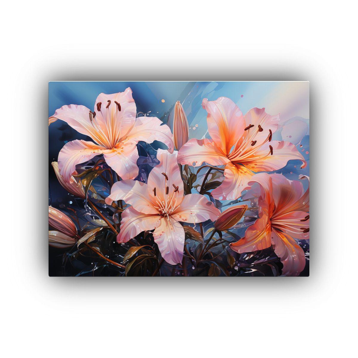 Cuadro Floral De Lirios En Turquesa Y Rosa Pintura Abstracta 45x30cm-0