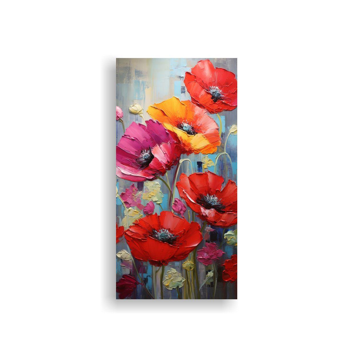 Pintura Vertical En Lienzo De Amapolas Vibrantes 20x40cm-0