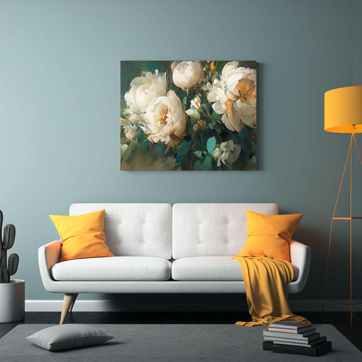 Pintura De Flores Verdes Y Doradas En Lienzo: Arte De Pared  30x20cm-2