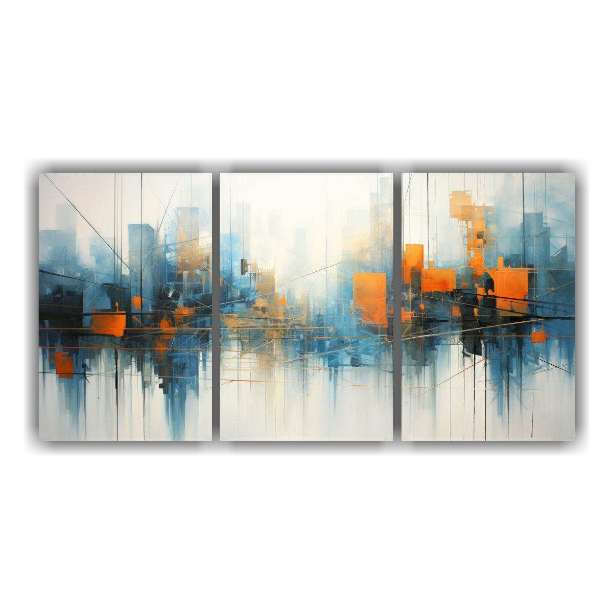 Pintura Abstracta De Ciudad En Azul Y Naranja, 180x90 Cm-0