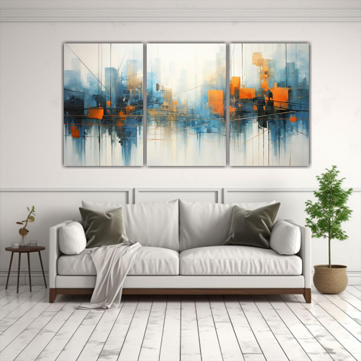 Pintura Abstracta De Ciudad En Azul Y Naranja, 180x90 Cm-2
