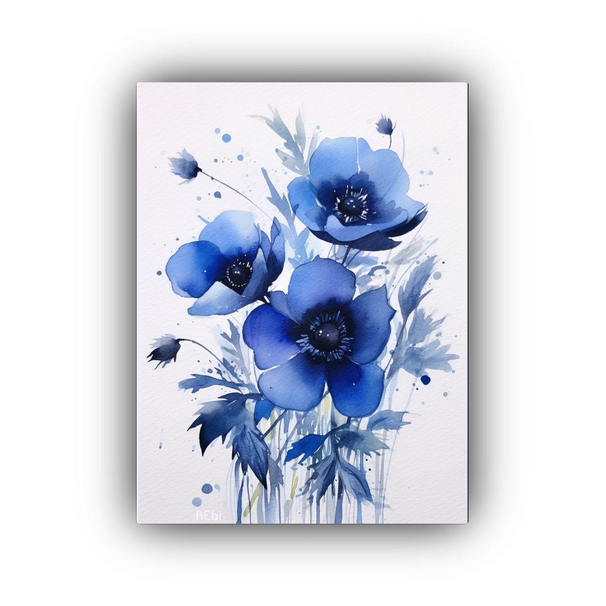 Pintura Acuarela De Flores Azules En Contraste Espectacular  50x65cm-0