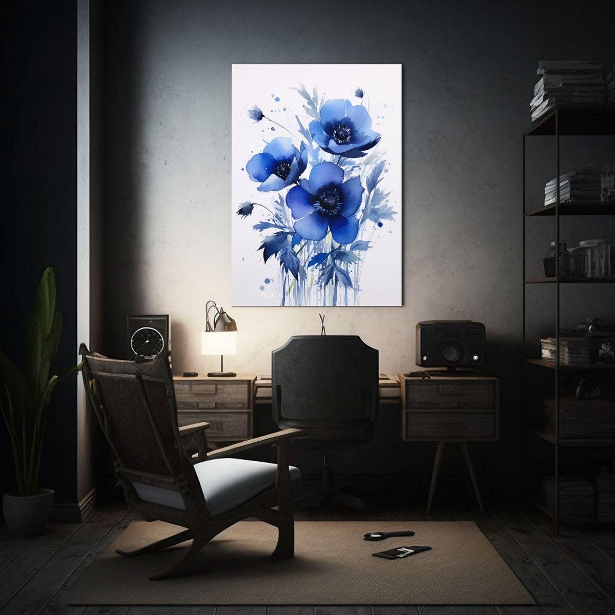 Pintura Acuarela De Flores Azules En Contraste Espectacular  50x65cm-2