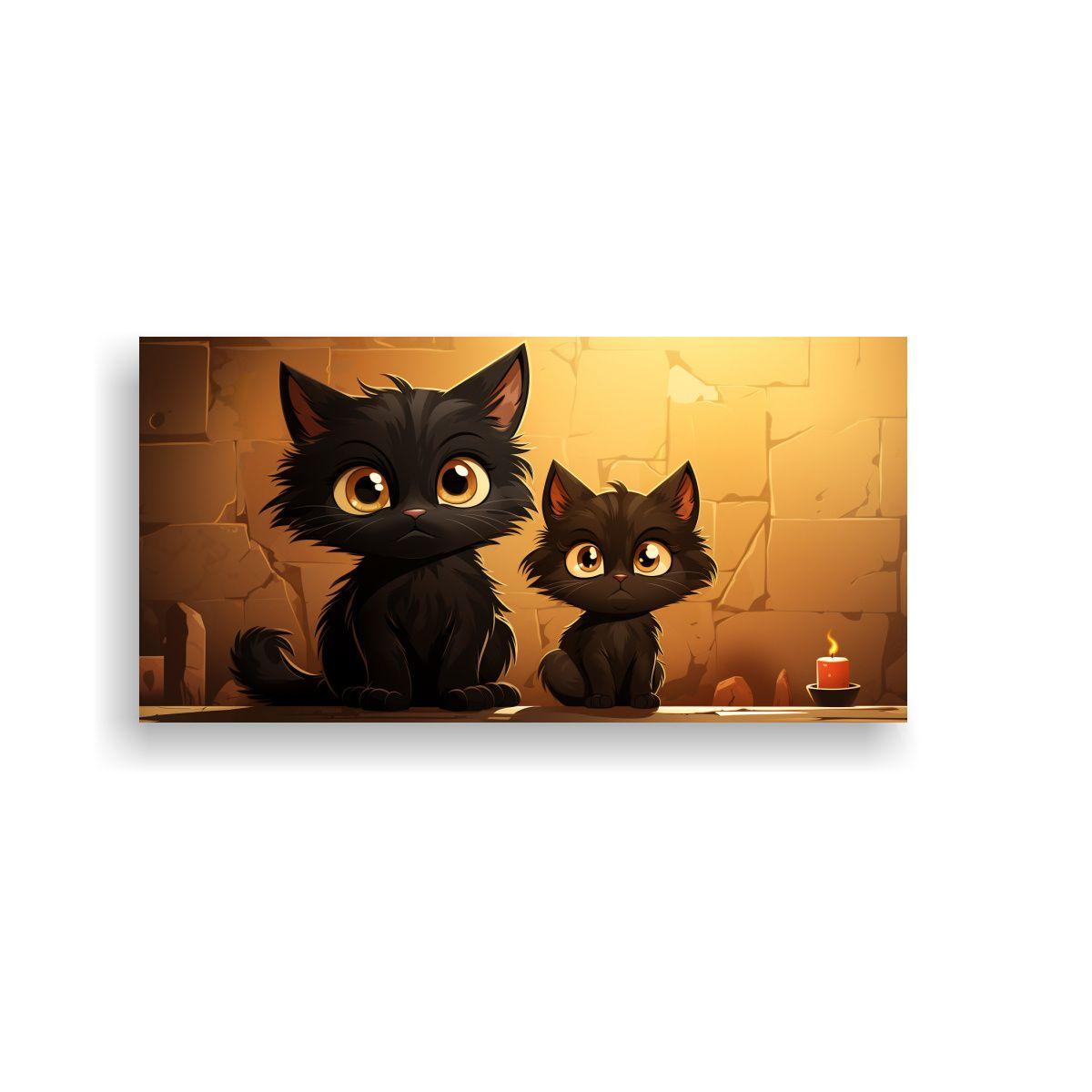 Cuadro De Sala Animado Con Gatos Negros. 60x30cm-0