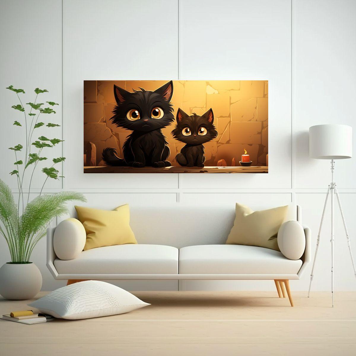 Cuadro De Sala Animado Con Gatos Negros. 60x30cm-2