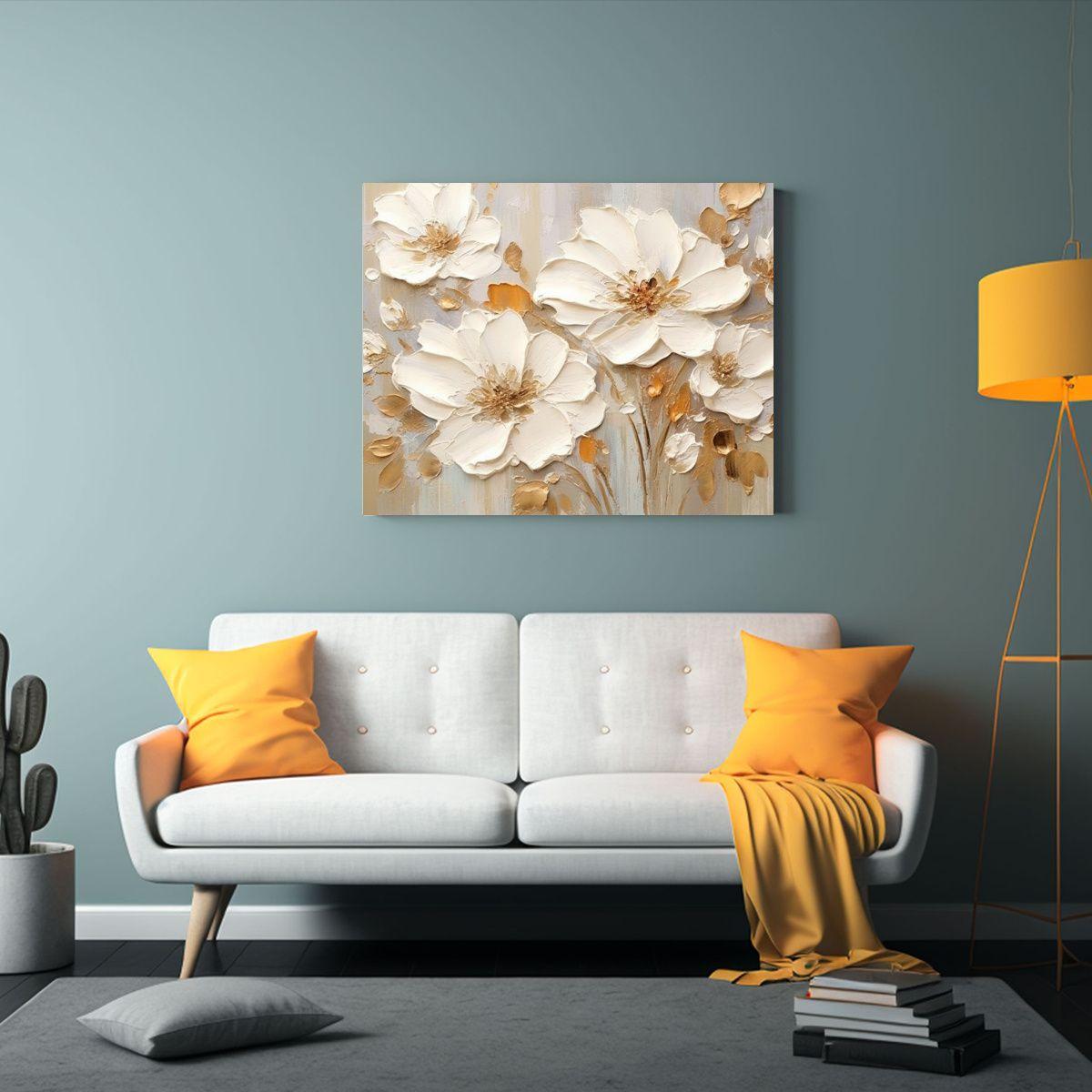 Pintura Al óleo De Flores Blancas Y Doradas Para 40x30cm-2