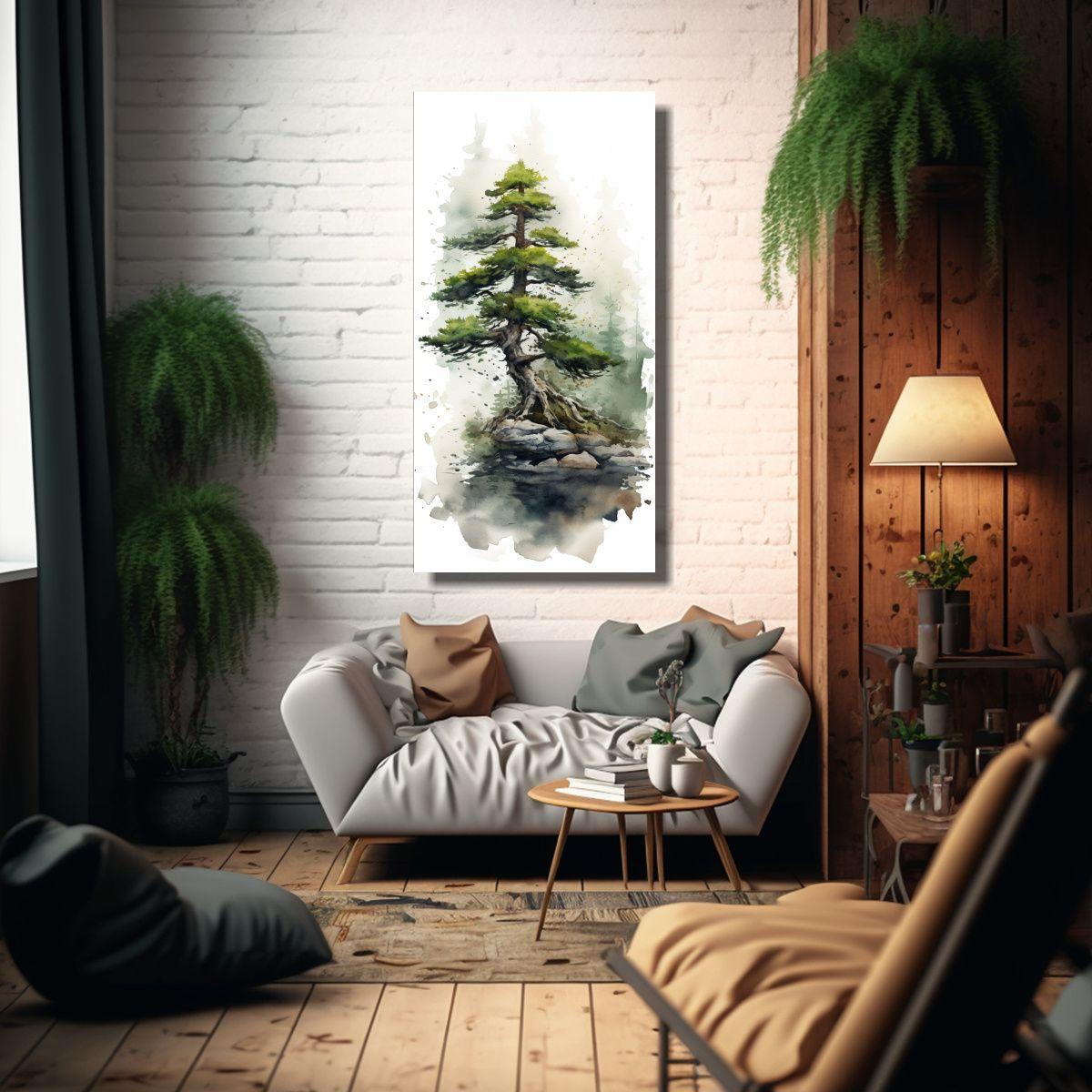Cuadro Juvenil De Bonsái De Abeto Pintura 70x140cm-2