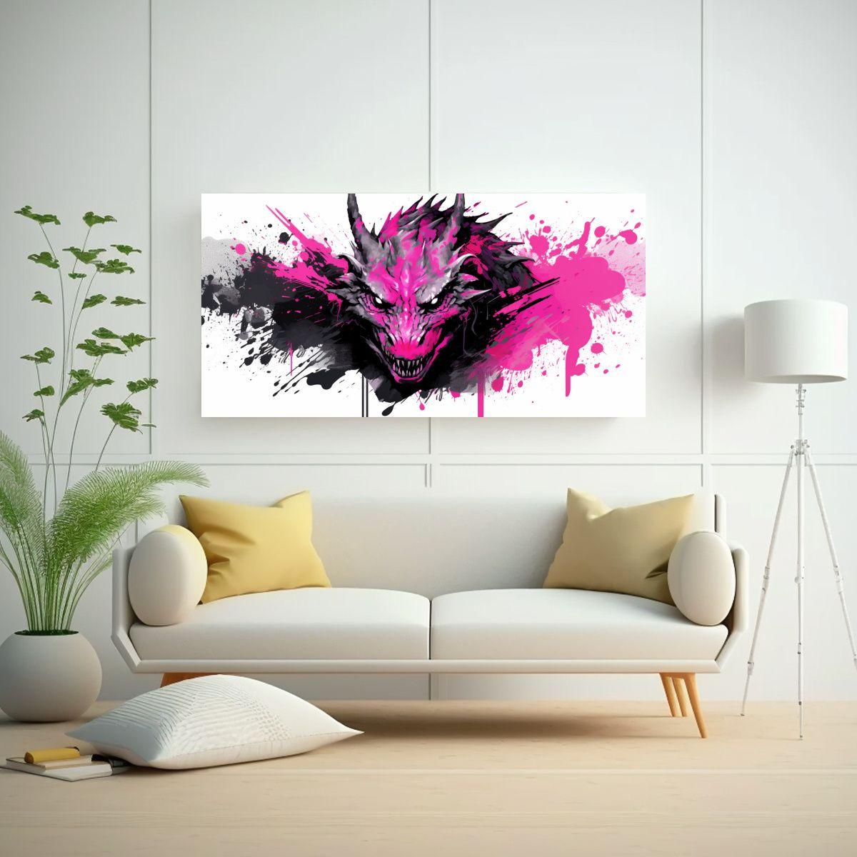 Lienzo Moderno: Dragón En Negro Y Rosa, 140x70cm-2