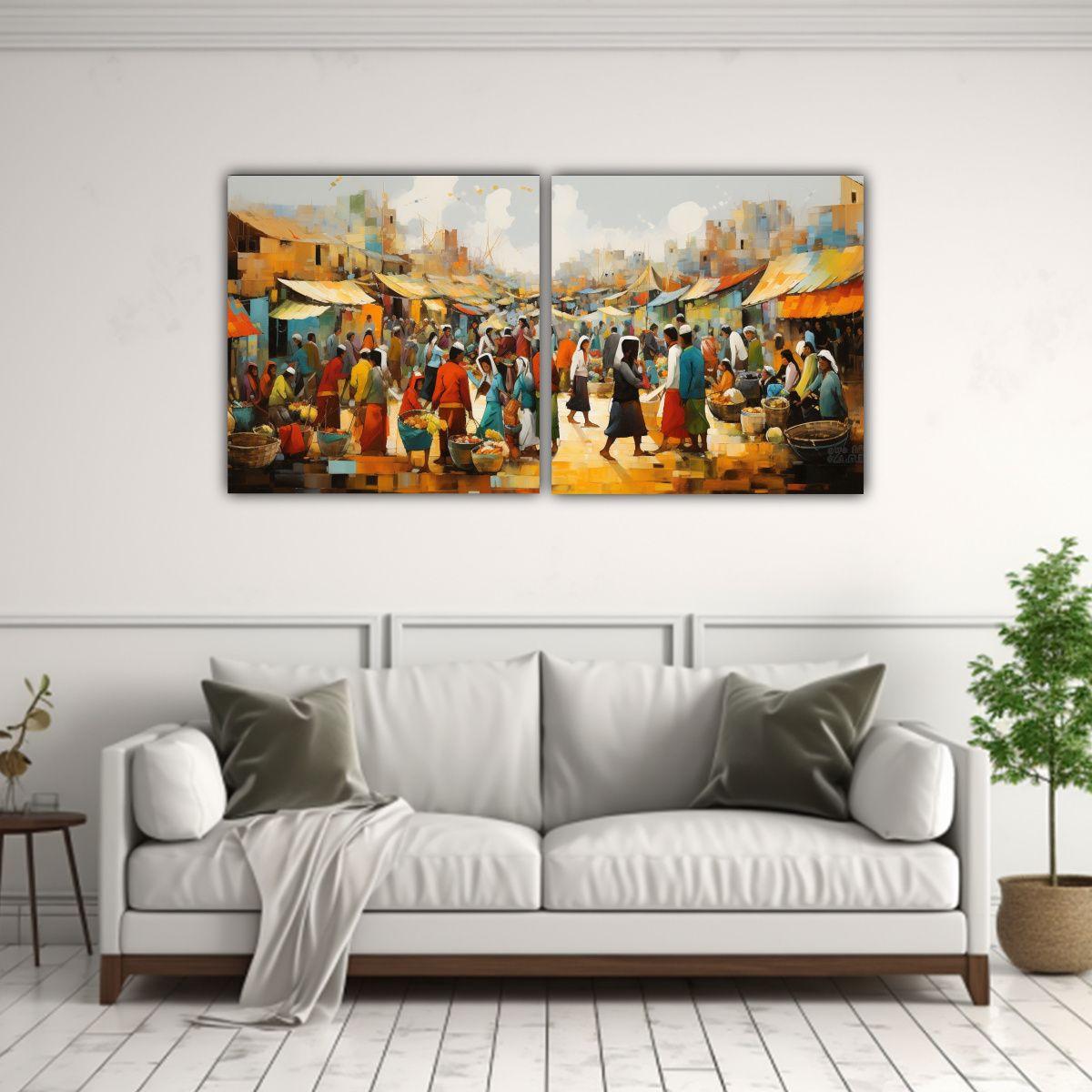 Paisaje Animado Del Mercado Pinturas Abstractas 160x80 Cm-2