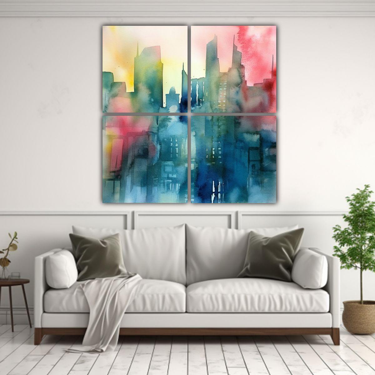 Cuatro Artes Cuadro: Ciudad Abstracta Acuarela 200x200 Cm-2