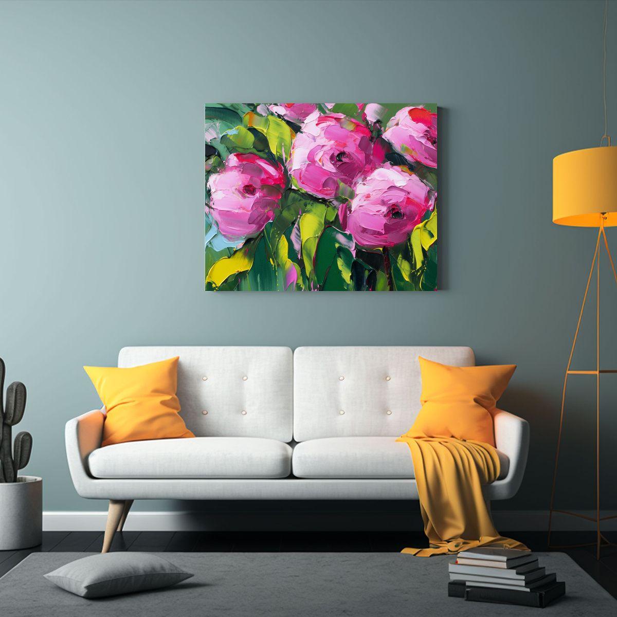 Cuadro De Flores En Lienzo Moderno En Tonos Verde Y Magenta 75x50cm-2