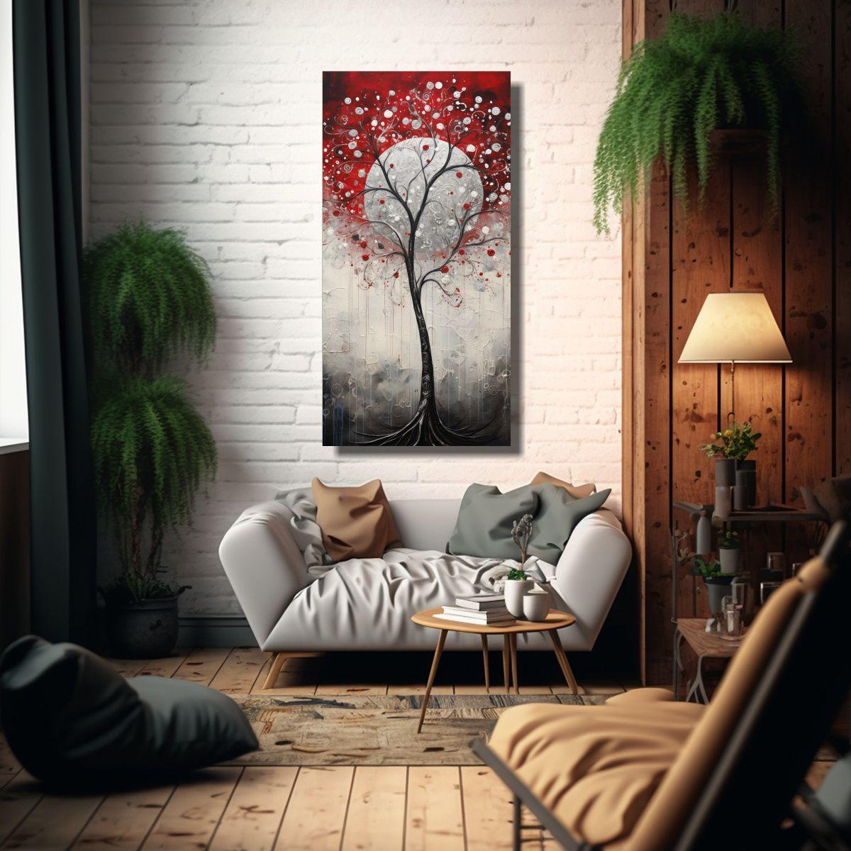 Cuadro Moderno De Tela Rojo Y Plateado Con Árbol 40x80cm-2
