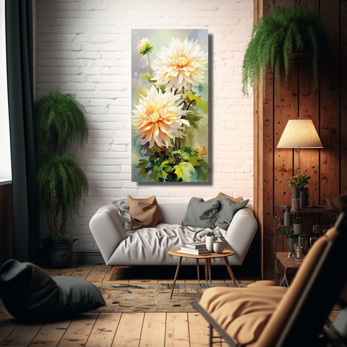 Lienzo Decorativo Surrealista Flores Dahlia Verde  60x120cm-2