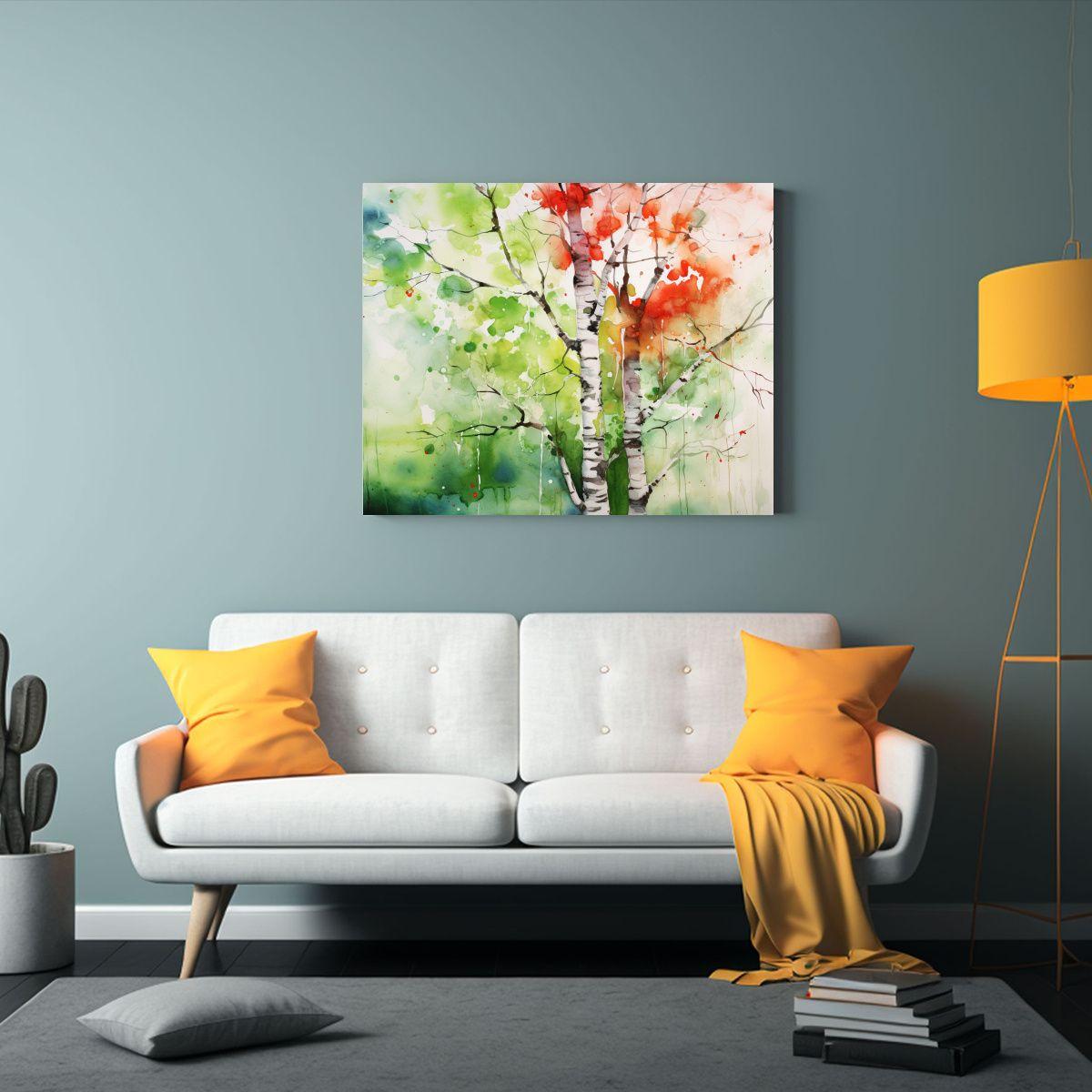 Pintura Abstracta De Un árbol De Abedul En Colores Verde Y  50x40cm-2