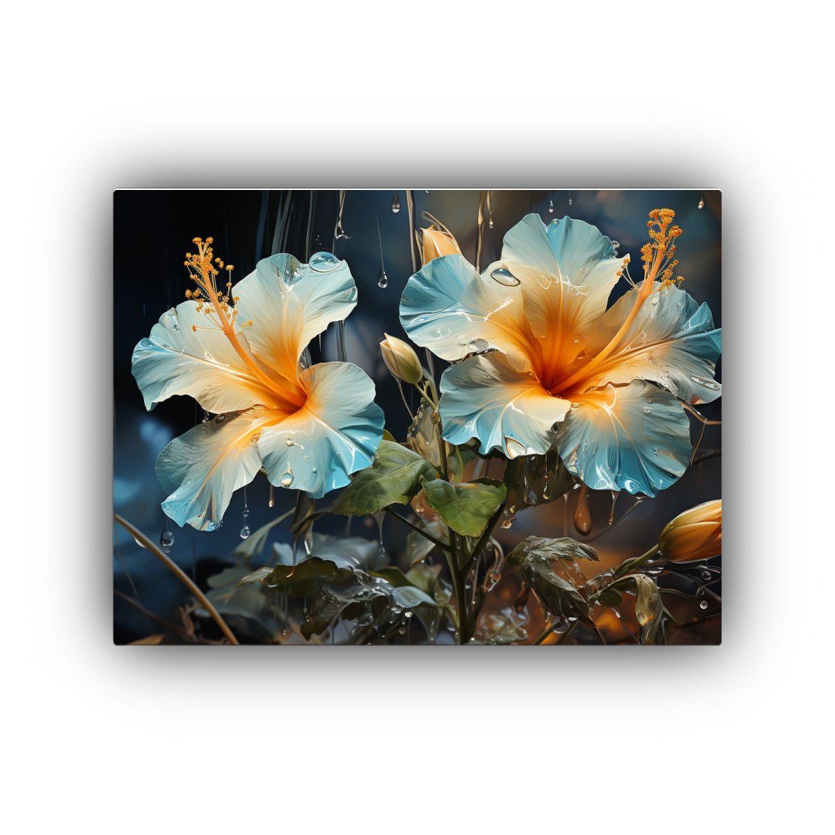 Pintura Abstracta De Hibiscos En Verde Y Dorado 45x30cm-0