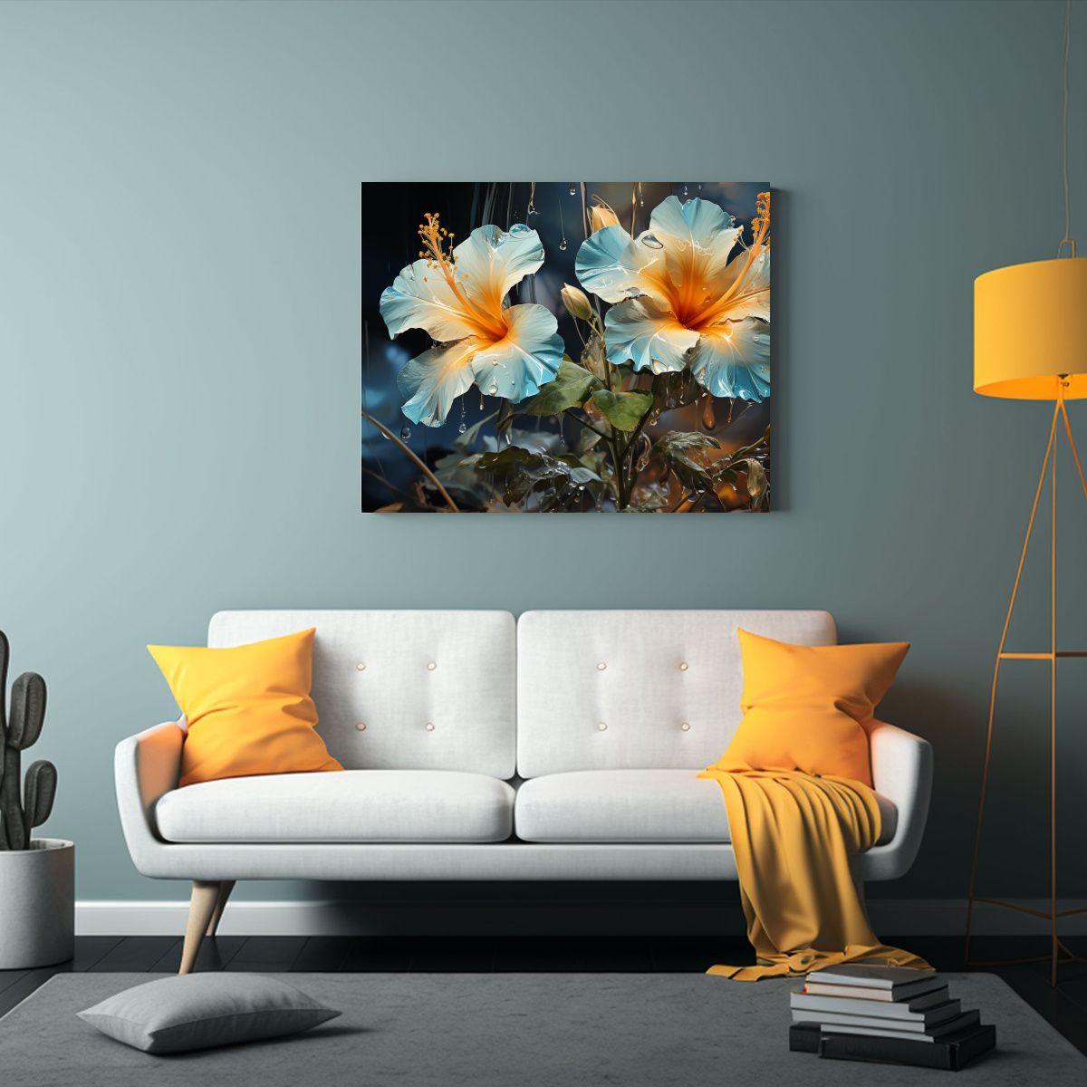 Pintura Abstracta De Hibiscos En Verde Y Dorado 45x30cm-2