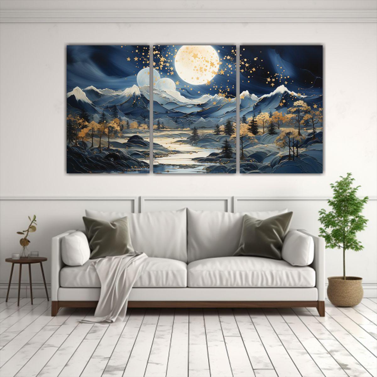 Pintura De Lienzo Armonía Con Luna Y Montañas 180x90 Cm-2