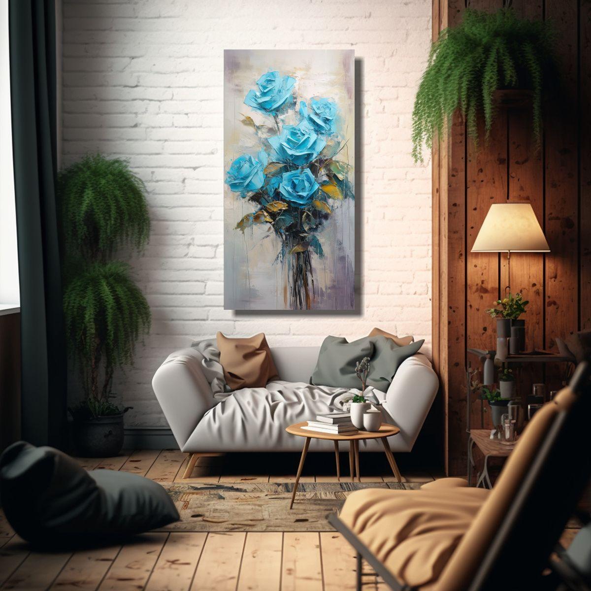 Pintura De Rosas Turquesa En Lienzo Al Estilo 20x40cm-2