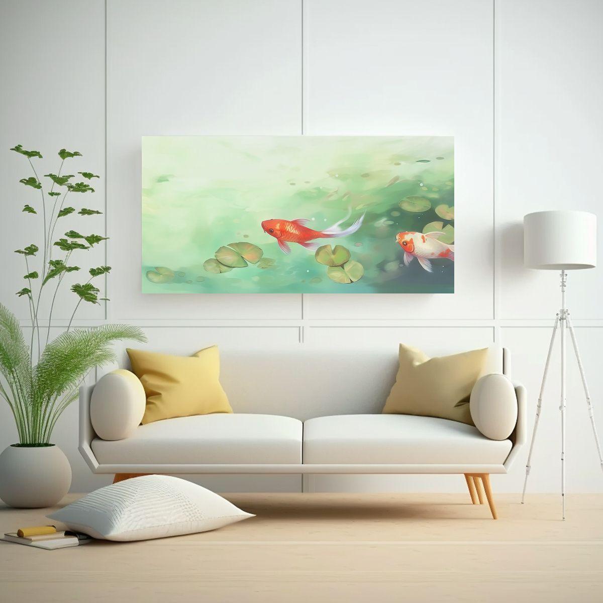 Pintura Decorativa: Dos Peces Flotan En Estanque 40x20cm-2