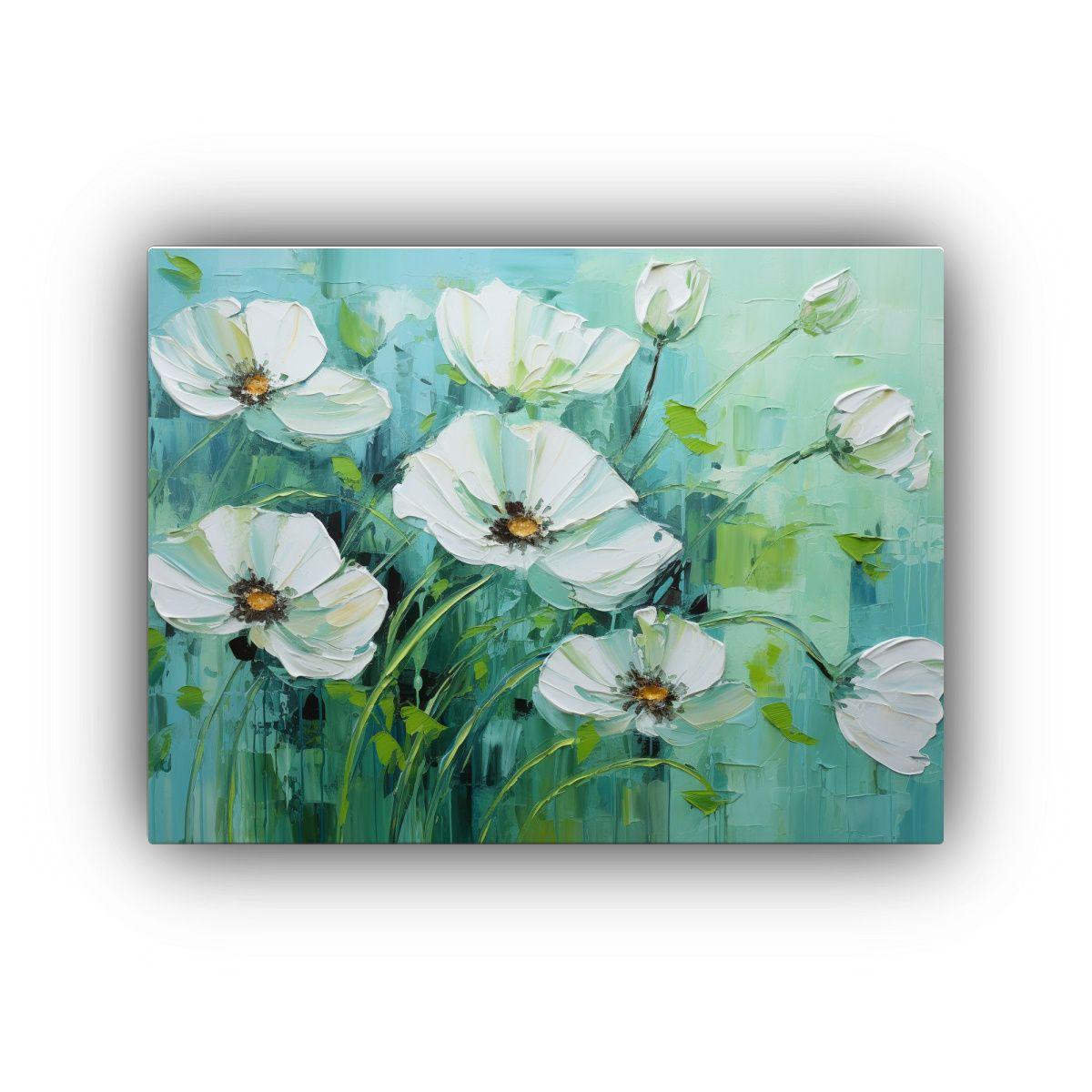 Pintura Floral Verde Y Cian En Lienzo Para Decoración. 50x40cm-0