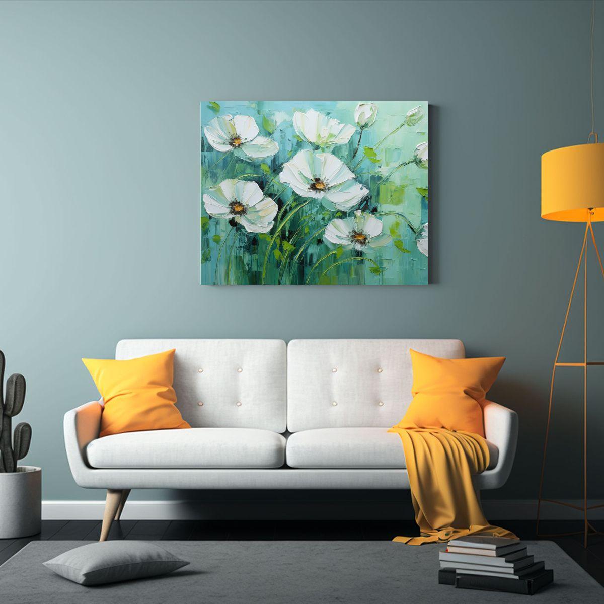 Pintura Floral Verde Y Cian En Lienzo Para Decoración. 50x40cm-2
