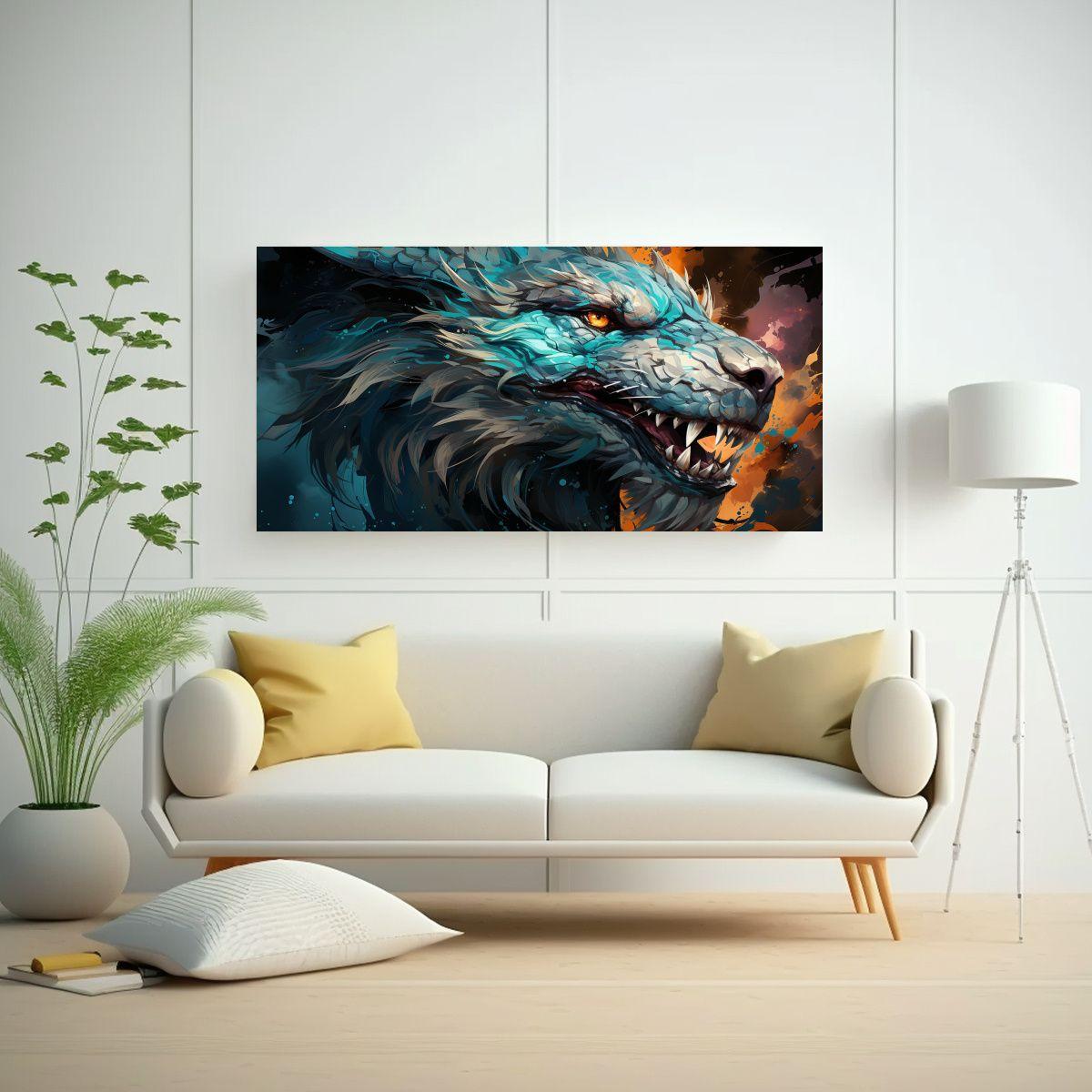 Pintura En Bastidor Brillante De Dragón En Turque 40x20cm-2
