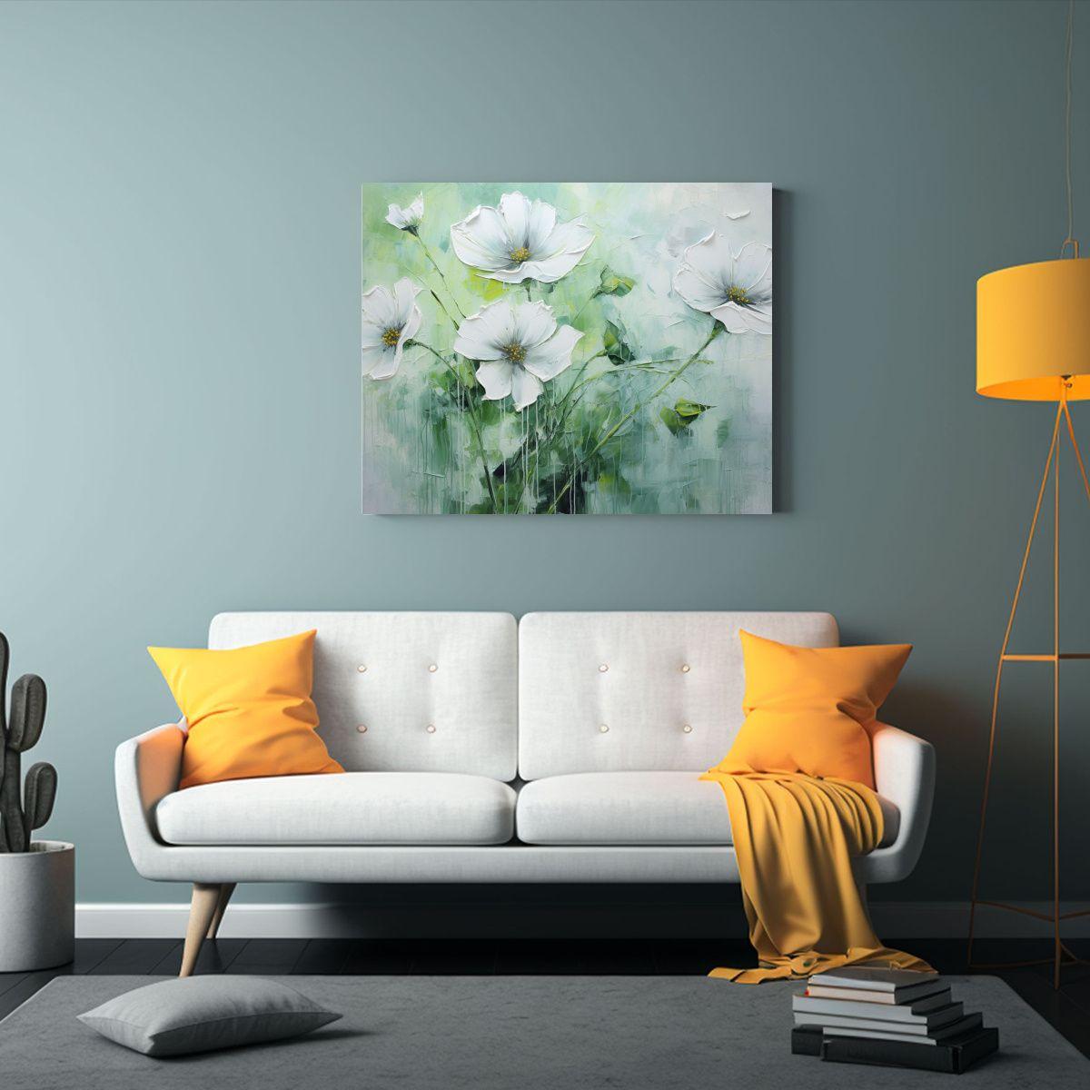 Pintura De Flores En Lienzo Verde Y Plateado Para Decoració 90x60cm-2