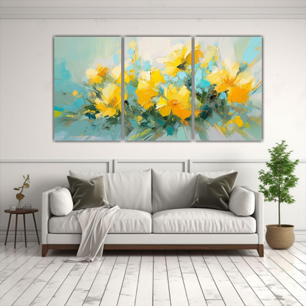 Pintura En Lienzo De Flores Amarillas Y Turquesas 180x90 Cm-2