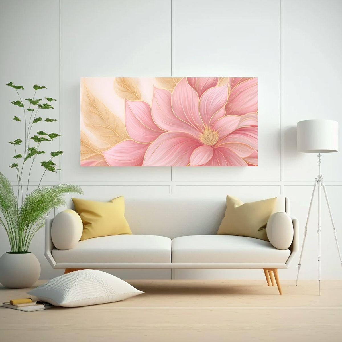 Pintura Floral Abstracta En Acuarela Dorada Y Rosa 140x70cm-2