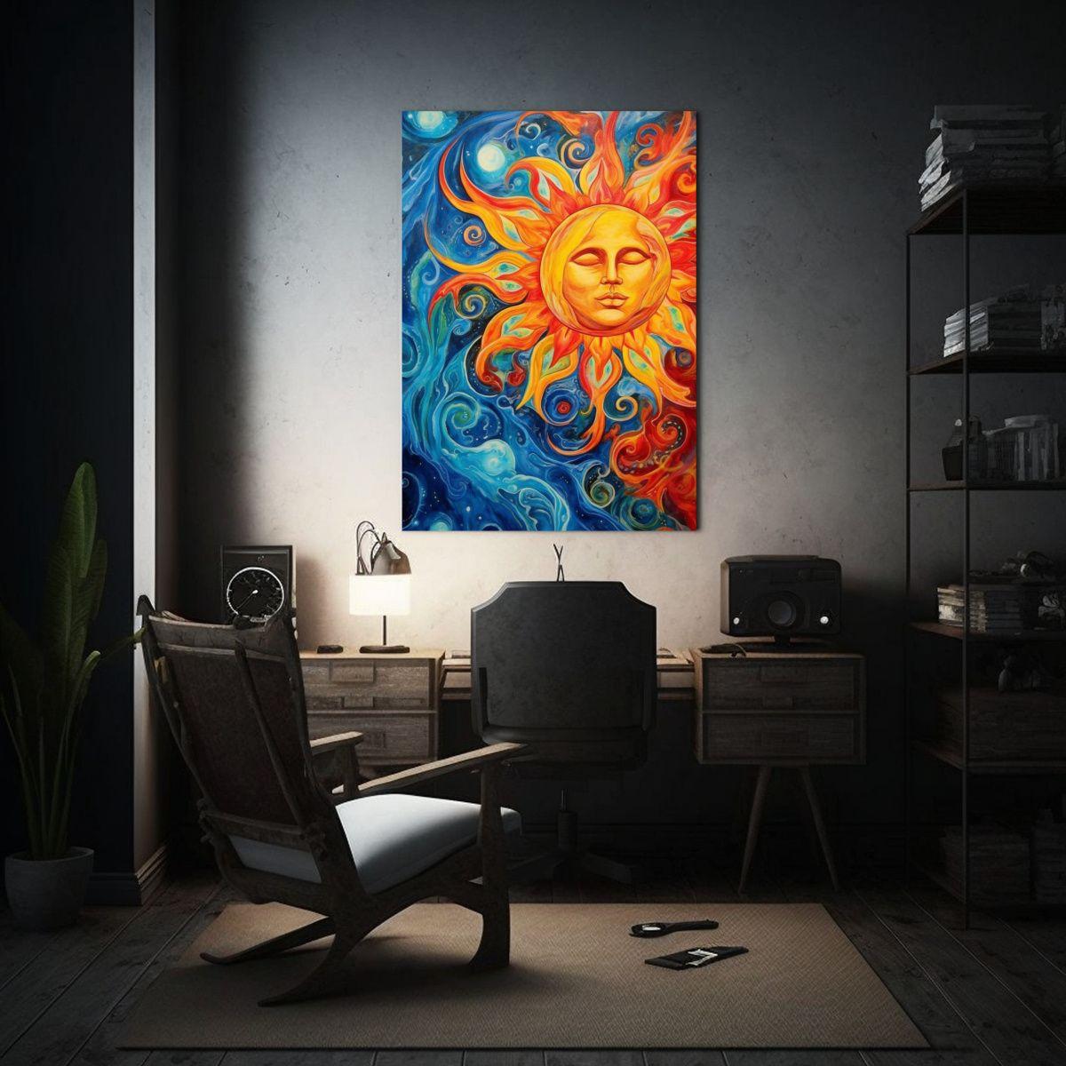 Cuadro Acuarela Mágico Con Sol Y Olas Para Decoración 60x90cm-2