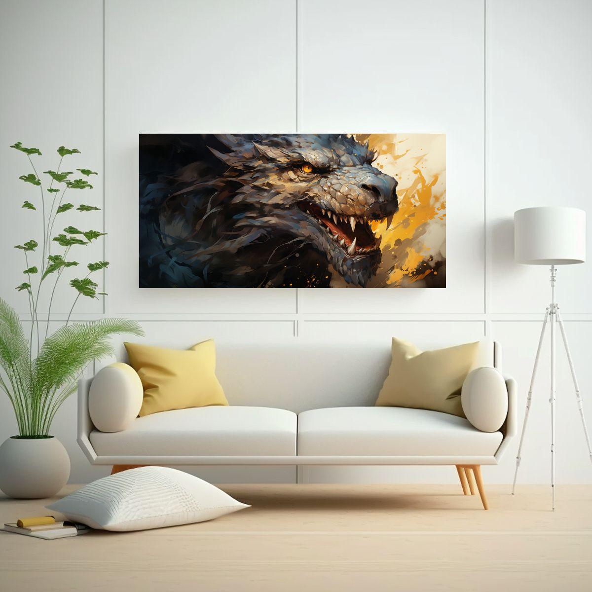 Pintura De Dragón En Tonos Marrón Y Dorado: 40x20 Cm-2