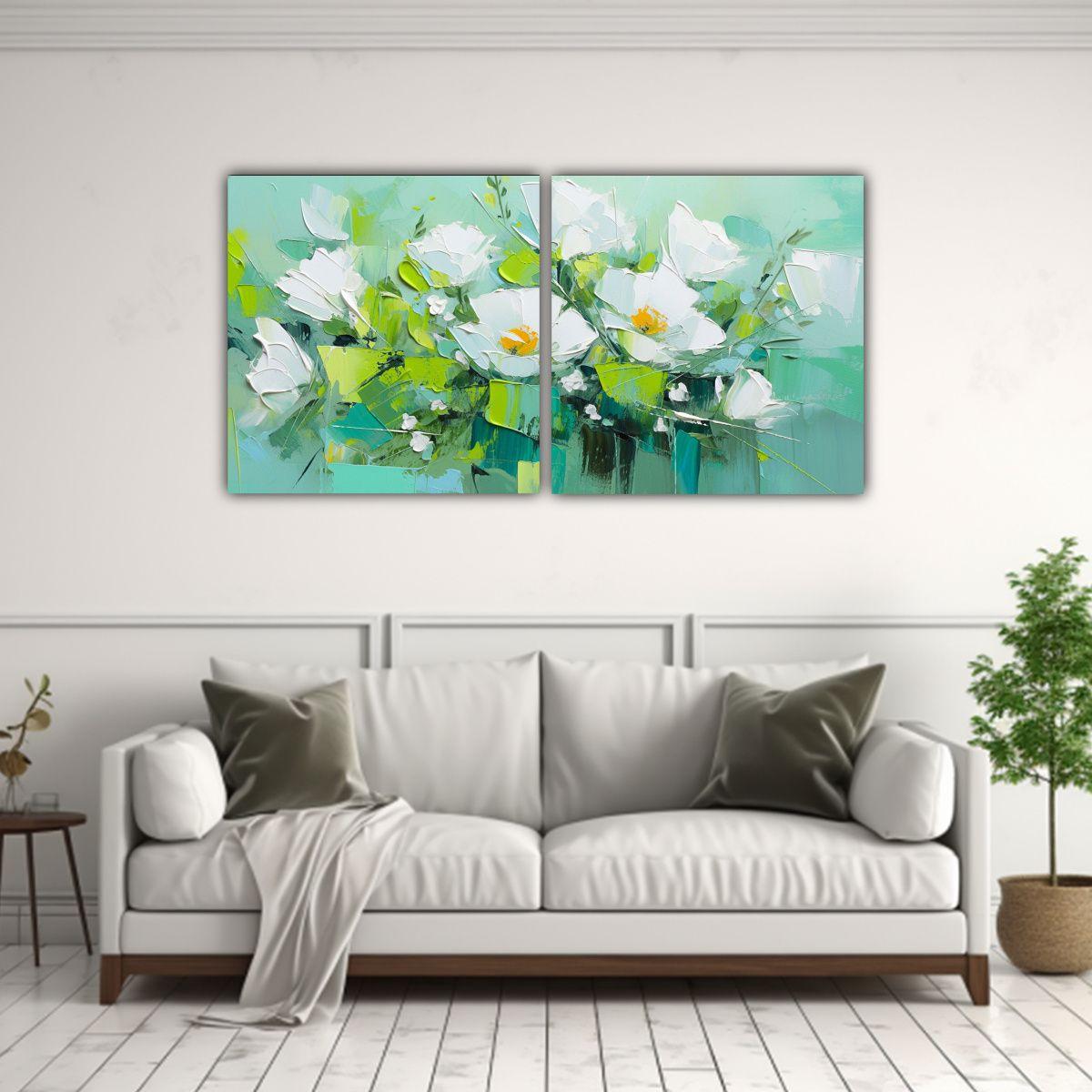 Cuadro Tonos Mural Verde Y Turquesa Con Flores; 140x70 Cm-2