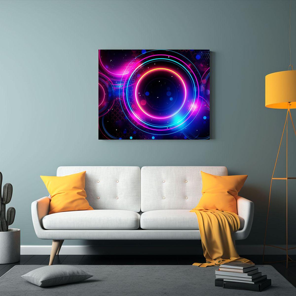 Pinturas De Decoración En Bastidor: Neon Con Líneas De Cir 120x80cm-1