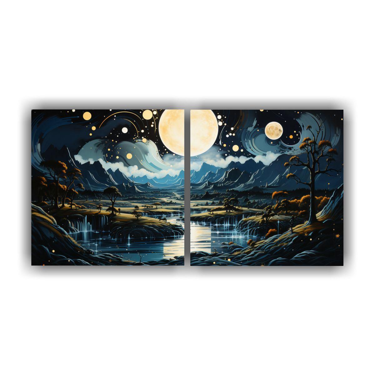 Pintura Inspiradora: Luna Y Montañas En La Sala 80x40 Cm-0