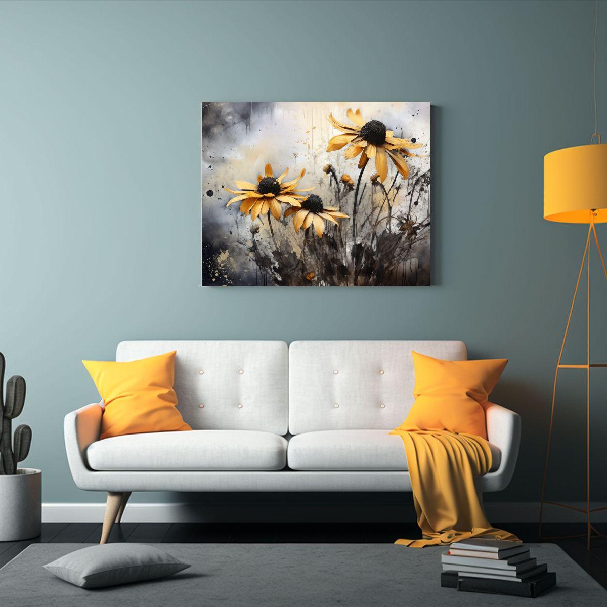 Pinturas Abstractas En Negro Para Decoración Con Flores De  90x60cm-2