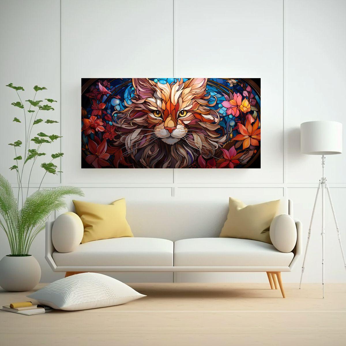Pintura Digital Ventana Gato Adorable En Vidrio 140x70cm-2