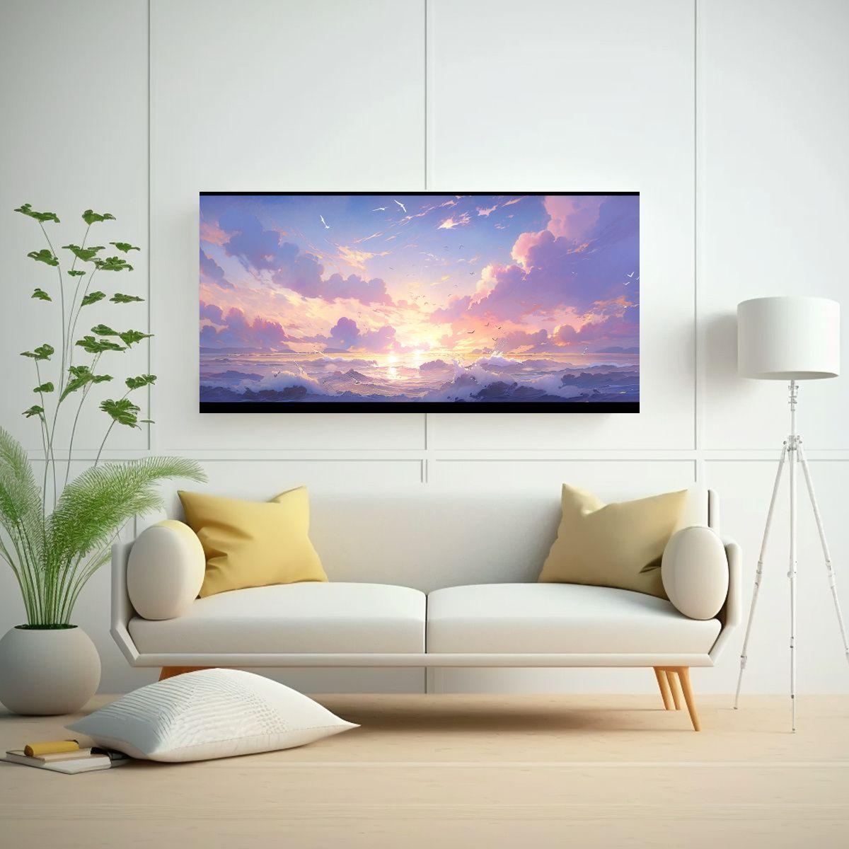 Cuadro Enigmática: Mar Y Cielo Púrpuras Pintura 100x50cm-2